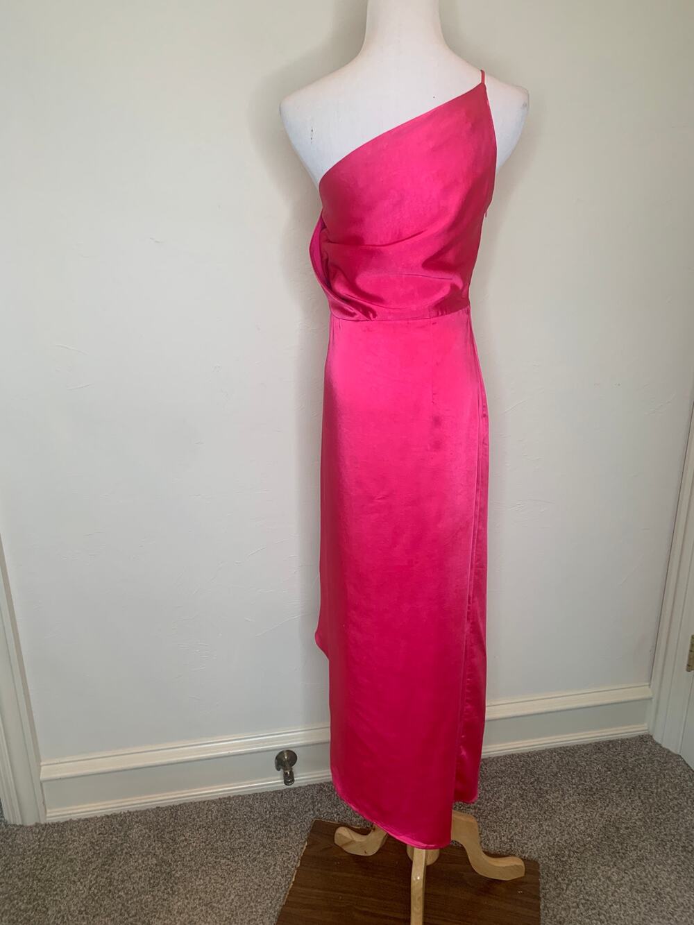 OPT Hot Pink Satin Faux Wrap Maxi Dress Sz Small One Shoulder